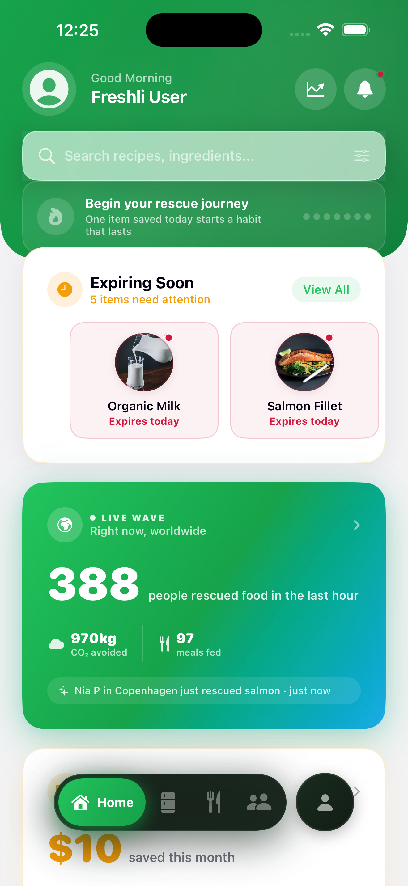 Freshli app — Home screen showing Live Wave rescue counter, expiring items, and streak tracker